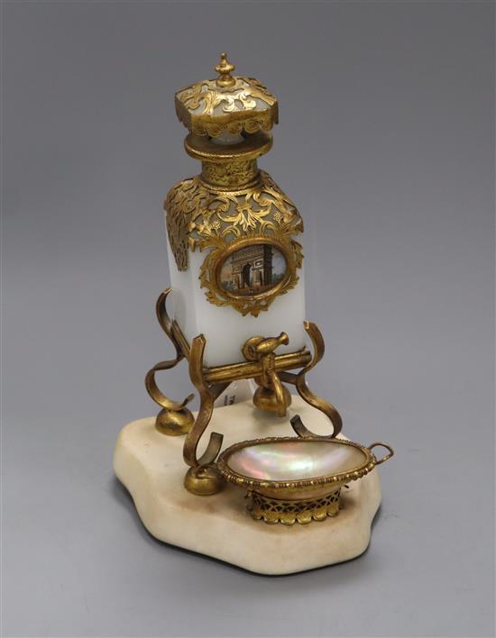 A French 19th century Palais Royal style gilt brass and white opaline glass eau de toilette stand, H 26cm